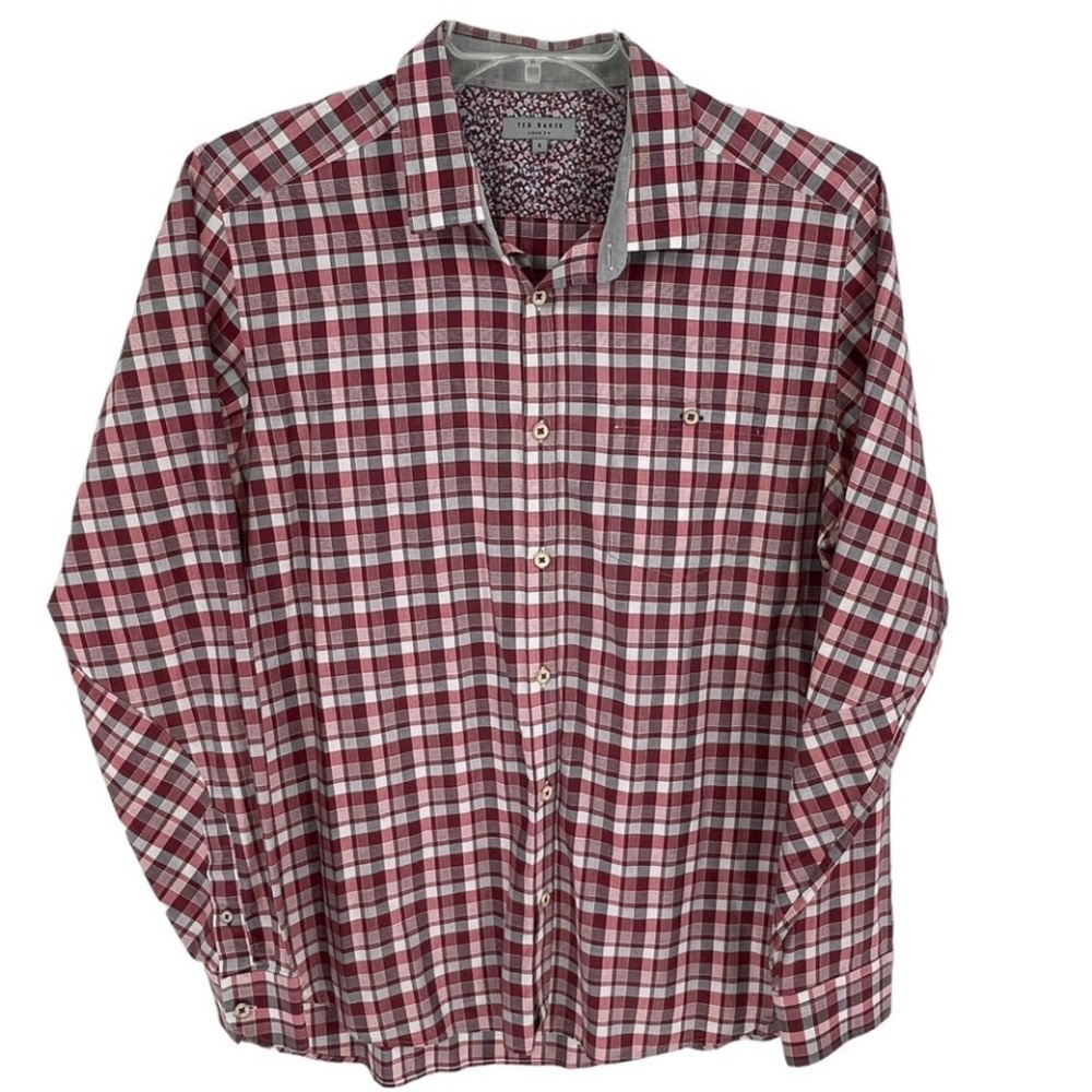 Ted Baker Burgundy/Gray Plaid Check Button Up Business Casual Shirt  Size 5/ XL